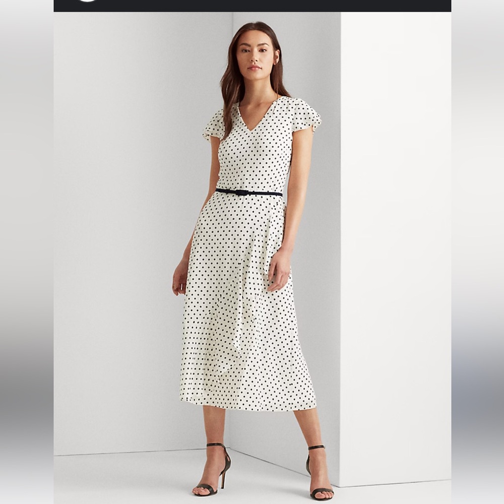 Lauren Ralph Lauren polka dot waterfall dress with petal cap sleeves, NWT, sz 2